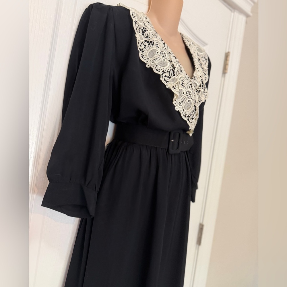 VTG 80s Jane Singer Black Cream Lace Dress Romantic Witchy Whimsygoth Prairie 14 - Picture 3 of 13